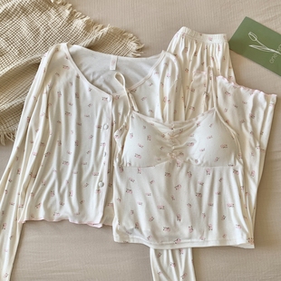 带胸垫家居服套装 甜美少女风碎花吊带长裤 春秋冬季 莫代尔睡衣女款