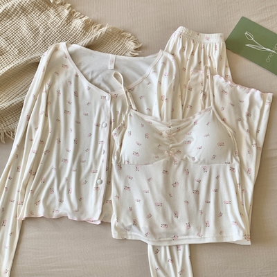 莫代尔睡衣女春秋冬带胸垫家居服