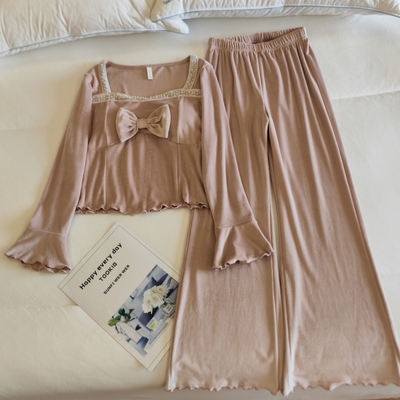 海岛绒睡衣女春秋冬带胸垫家居服