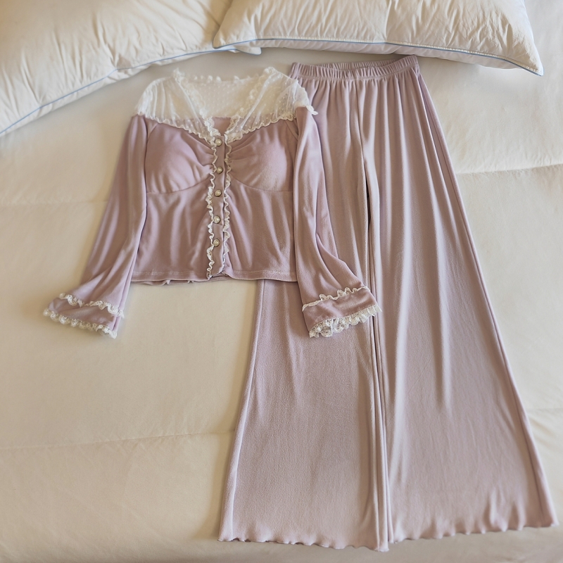 海岛绒睡衣女春秋冬带胸垫家居服