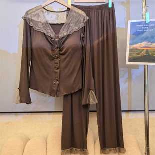 带胸垫睡衣女春秋款 莫代尔棉家居服两件套 法式 纯欲风蕾丝花边长袖