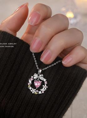 原创蝴蝶结花环项链女s25轻奢百搭镶粉钻爱心锆石灵动锁骨链
