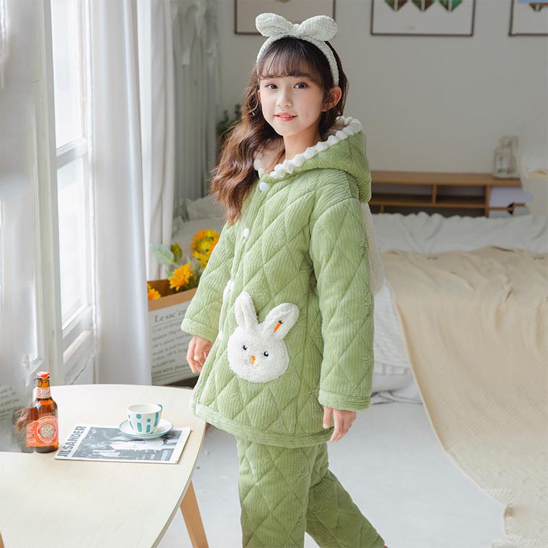 儿童睡衣加厚冬季女童三层夹棉款珊瑚绒中大女孩宝宝法兰绒家居