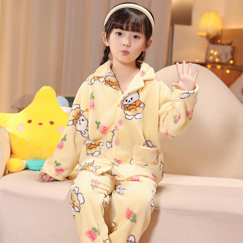 儿童睡衣秋冬季法兰绒女童冬加厚款男女孩珊瑚绒宝宝加绒家居服