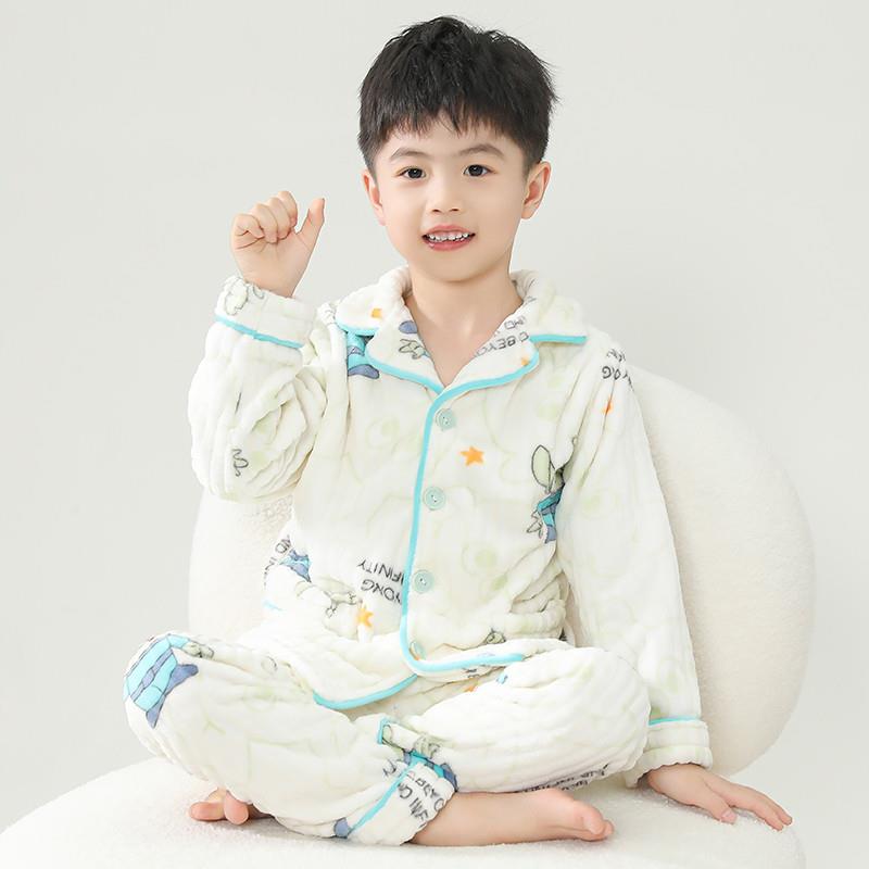 秋冬季女童男睡衣珊瑚绒儿童加绒加厚款宝宝小童法兰绒家居服套