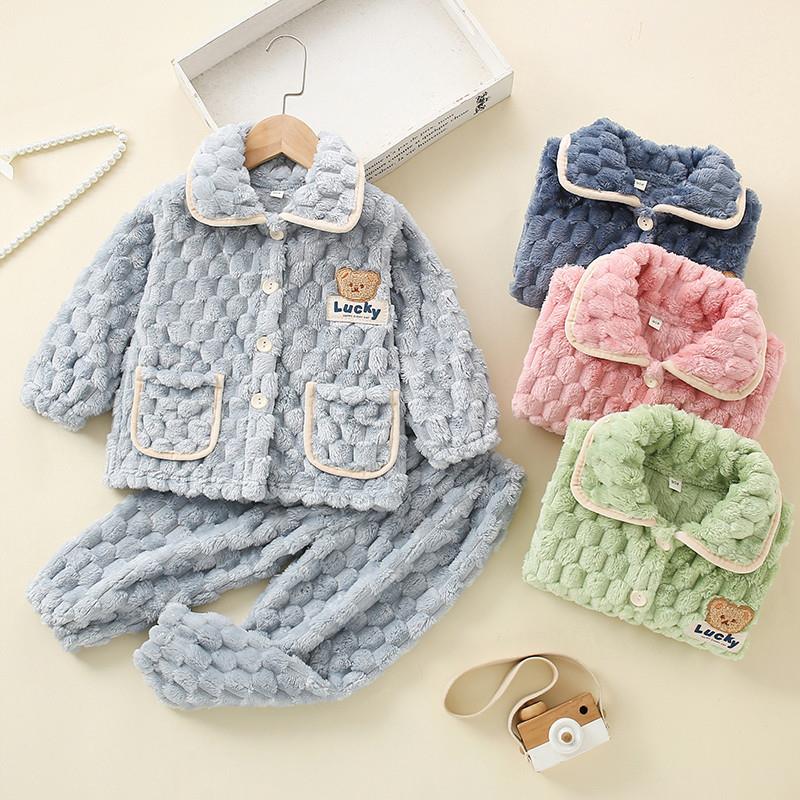 儿童睡衣珊瑚绒加绒家居服男童加厚法兰绒男孩女童宝宝秋冬季套