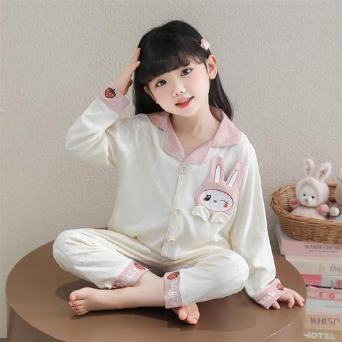 女童薄款春秋季睡衣开衫家居服长袖套装儿童2025新款女宝宝卡