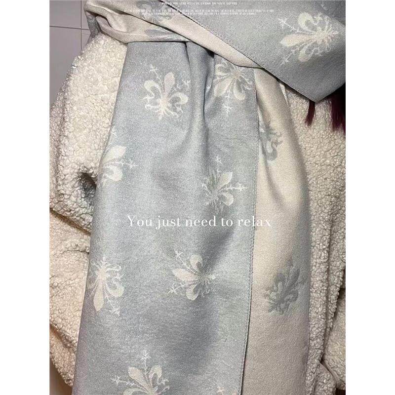 干净而淡然~灰蓝神秘佛罗伦萨鸢尾花围巾冬季保暖柔和围脖意大利