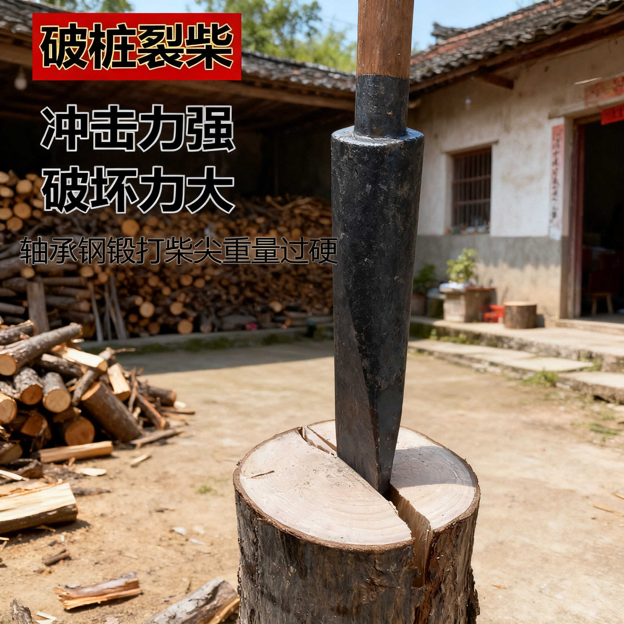 手工锻打柴尖 农村家用铁楔子 户外砍柴劈木头柴斧工具