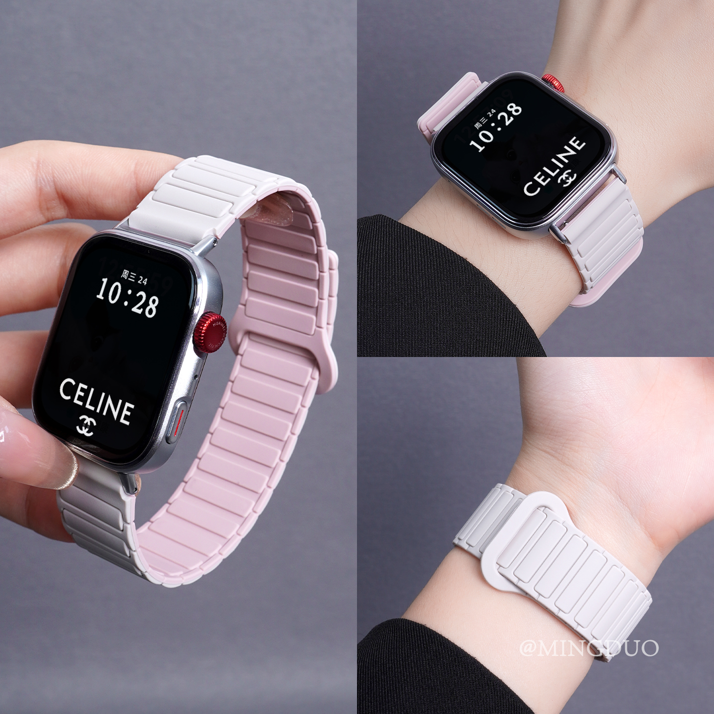 鸣铎星光粉双色磁吸硅胶适用华为fit4手表表带watchfit3女生小香风fit4pro腕带智能运动夏季男士高级感替换带
