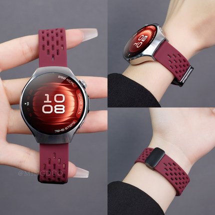 适用华为Watch5手表watch4pro表带新款酒红色GT5pro洞洞透气硅胶磁吸扣gt4女生高级感3pro运动智能替换带系列