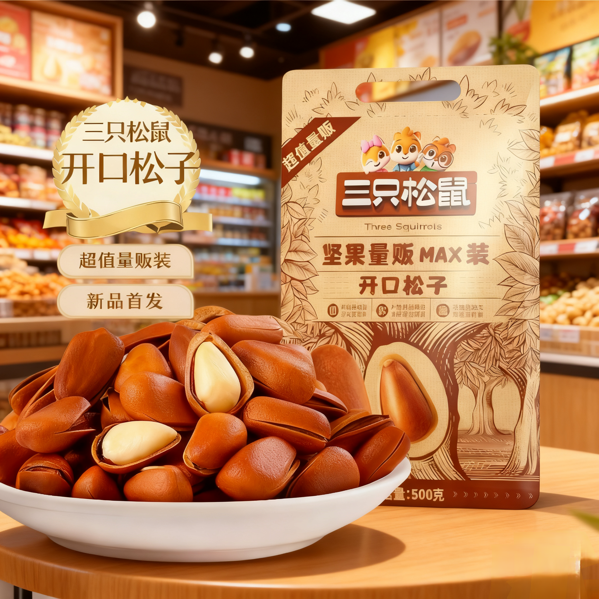 三只松鼠开口松子500g/袋装坚果孕妇旗舰干果零食店正品手剥松子