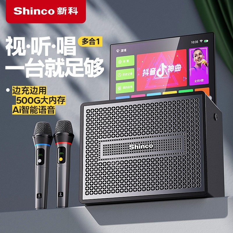 新科广场舞音响带显示屏话筒户外牙音箱一体机卡拉OK歌家用KTV蓝