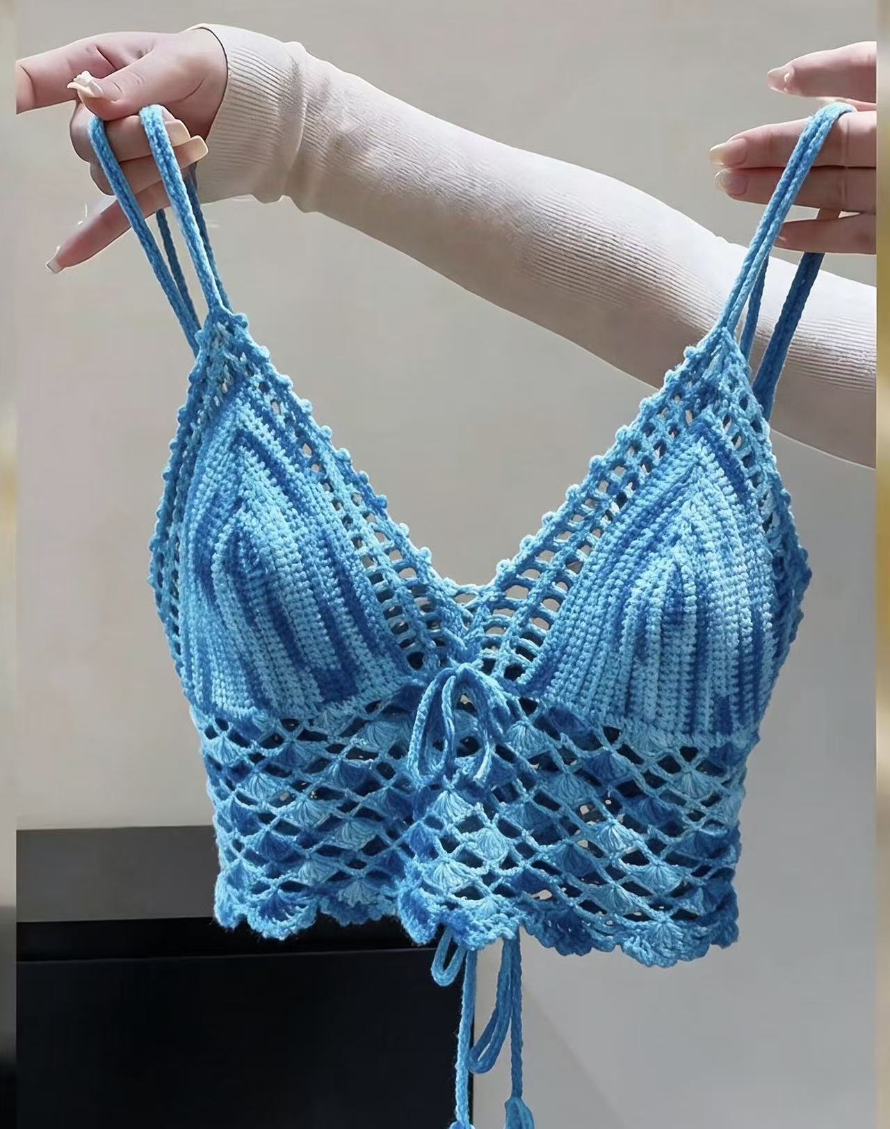 (成品)纯手工毛线纯手工毛线材料包钩织海浪吊带辣妹显瘦百搭美
