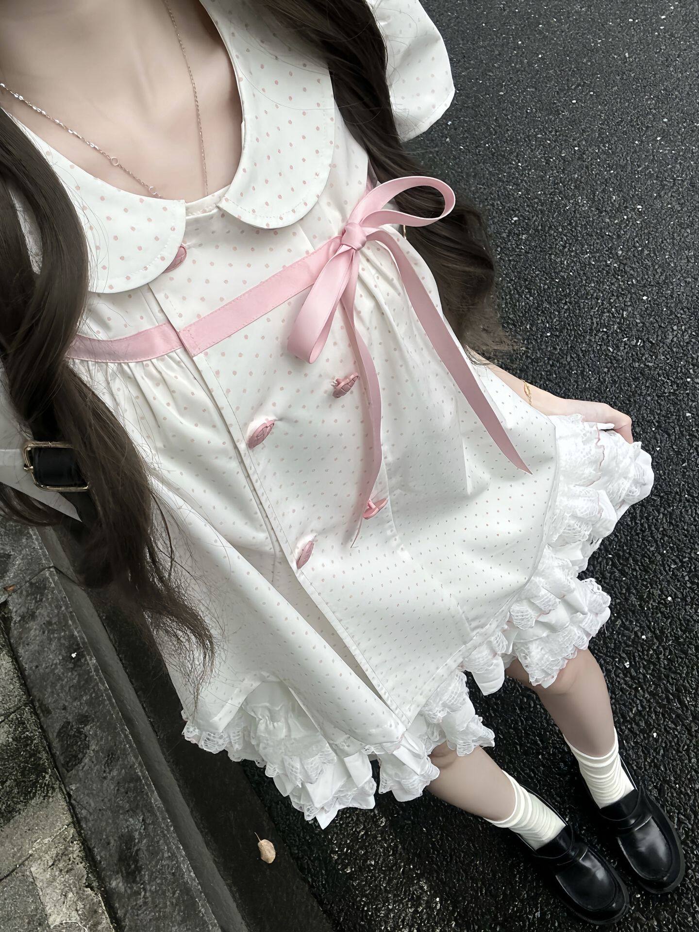 甜美可爱少女波点条纹泡泡袖衬衫女夏奶系显瘦减龄灯笼裙裤两件套