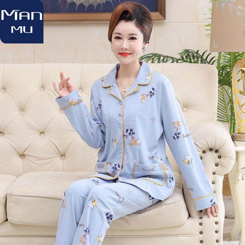 秋冬中老年妈妈100%纯棉睡衣女套装长袖家居服中老年人开衫套装
