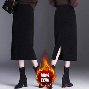 2024秋冬新款加绒加厚半身裙子开叉直筒裙百搭保暖中长款半身裙女