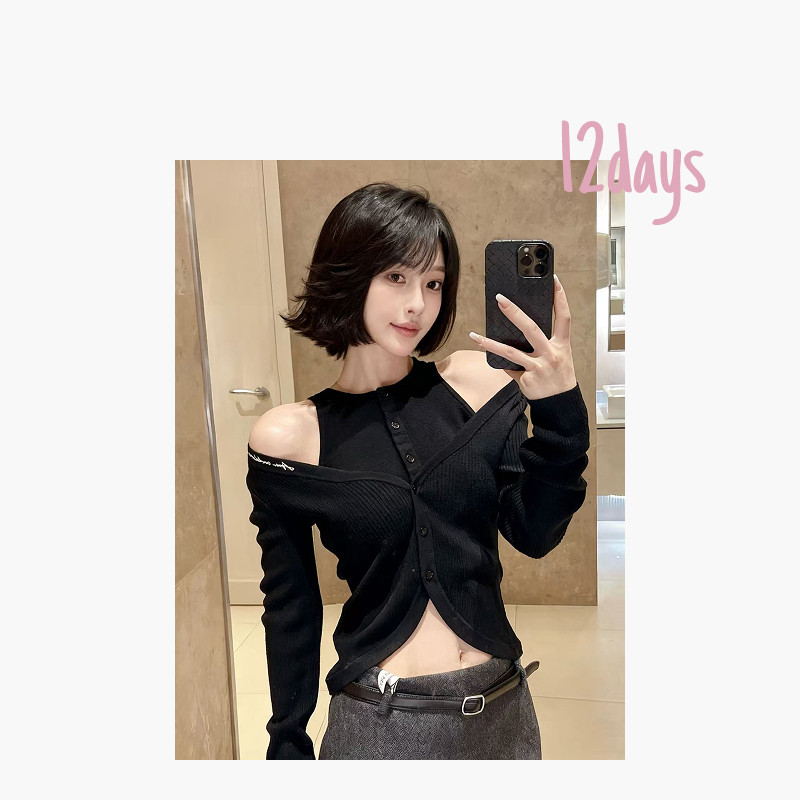 12days | ANN假两件刺绣羊毛针织长袖开衫（黑&灰）正确版| 25185