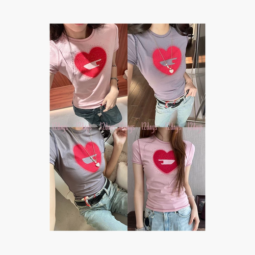 12days | 26SS DS爱心渐变印花烫钻修身短T | A288