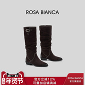 秋季 Rosa Bianca显瘦长筒靴子女2025新款 厚底金属搭扣中高筒长靴