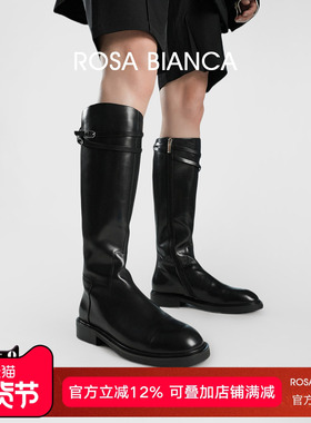 Rosa Bianca轻奢黑色骑士靴女2025秋冬新款不过膝高筒真皮长筒靴