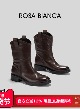 Rosa Bianca长筒士靴女靴复古西部牛仔真皮2025秋季新款厚底靴子