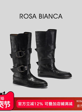 Rosa Bianca厚底真皮骑士靴女2025冬新皮带扣裤管堆堆长筒靴子