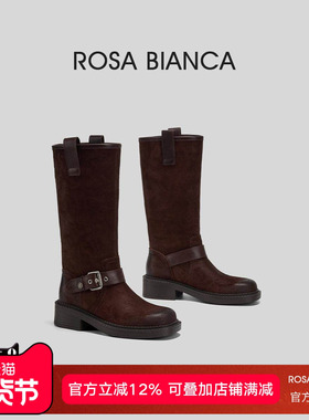 Rosa Bianca真皮骑士靴女2025秋冬新款英伦风复古中筒靴时装靴子