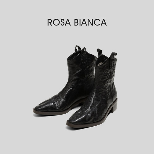 Rosa Bianca质感手抓纹羊皮高跟短靴女2026增高百搭真皮时装靴子