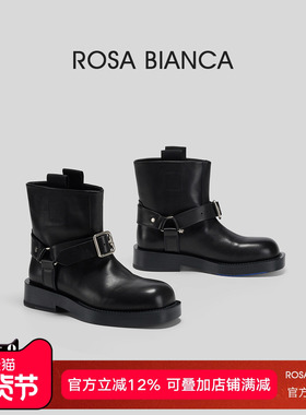 Rosa Bianca复古短靴女2025秋冬新款黑色低筒靴子真皮西部骑士靴