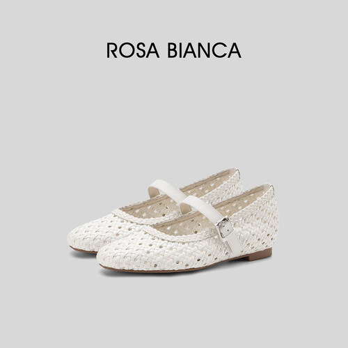 Rosa Bianca镂空编织玛丽珍鞋女平底透气浅口单鞋白色编织鞋
