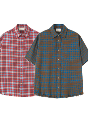 Tastemaker 复古格子衬衫纯棉做旧短袖宽松休闲T恤短宽百搭衬衣