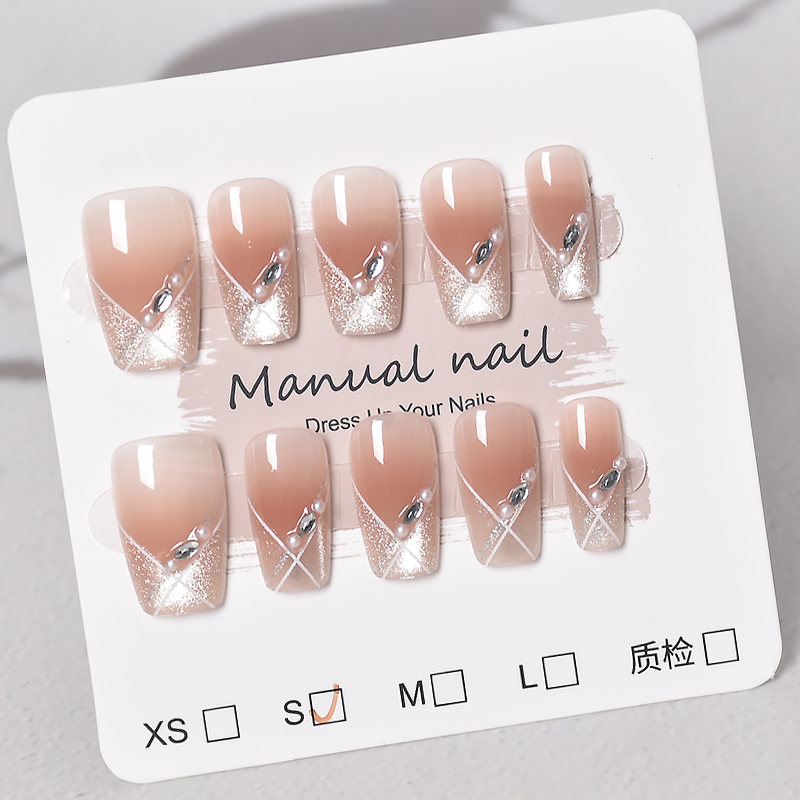 裸色穿戴甲短款2025新款法式猫眼指甲贴片学生日常手工穿戴款美甲