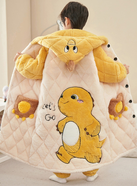 小奶龙冬季男童睡衣三层夹棉加厚法兰绒男孩中大童睡袍珊瑚绒套装