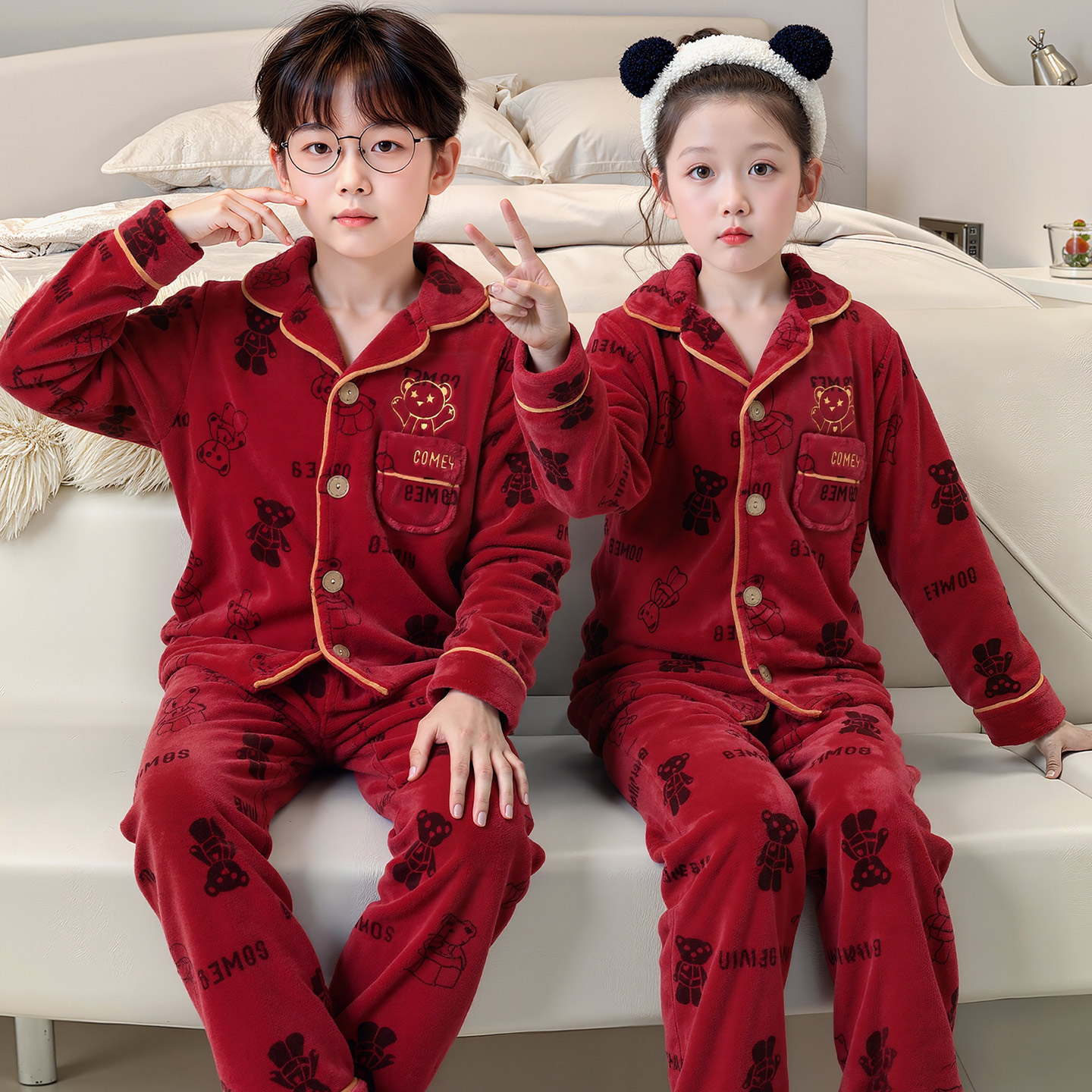 喜庆红色儿童睡衣秋冬季法兰绒