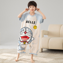 男童短袖连体睡衣叮当猫夏季薄中大童纯棉防踢护肚家居服卡通睡袋