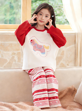 2026马年女童大红色喜庆睡衣春秋季长袖女孩宝宝本命年家居服套装