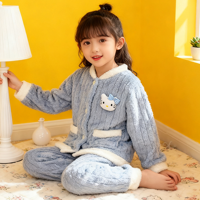 秋冬季儿童睡衣KT猫女童法兰绒