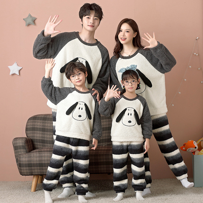 亲子睡衣冬季法兰珊瑚绒一家三口