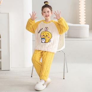乌萨奇女童睡衣秋冬季法兰绒套装可爱中大童女孩初中生圆领家居服