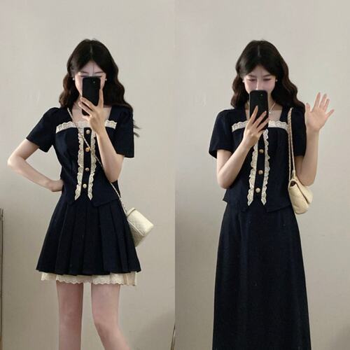 实拍大码法式小香风时尚气质高级感蕾丝花边拼接上衣+半身裙套装