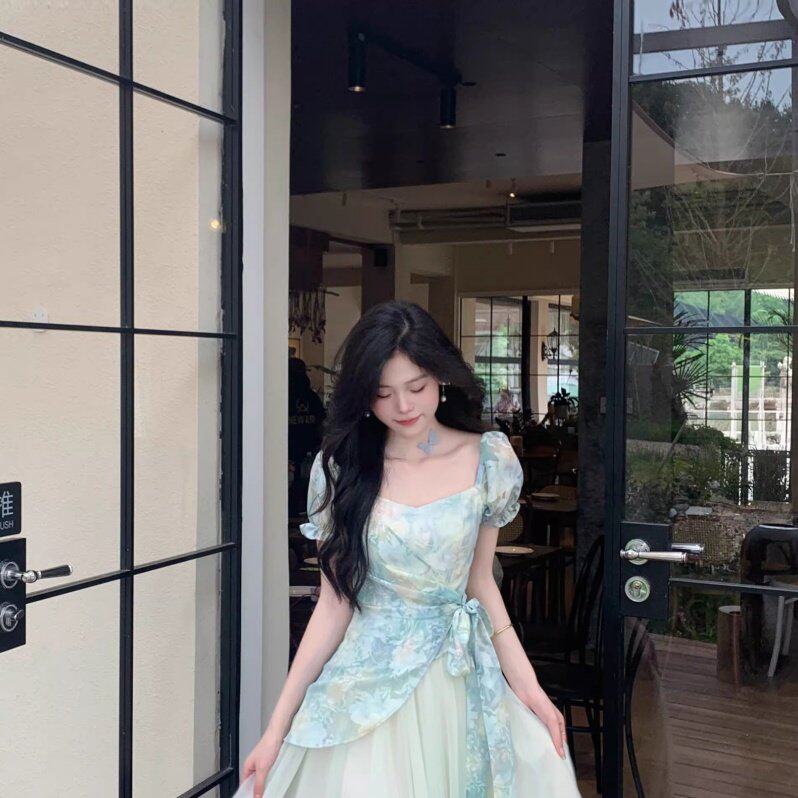 茶歇法式甜美清新多巴胺高级感晕染印花拼接网纱收腰假两件连衣裙 - 淘宝联盟商品