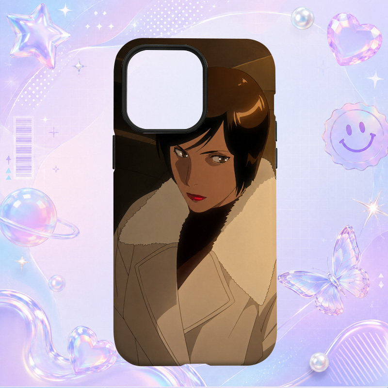 日系复古短发女性动画插画冬日皮草大衣适用于苹果三星华为小米手机壳防摔保护套镜头全包
