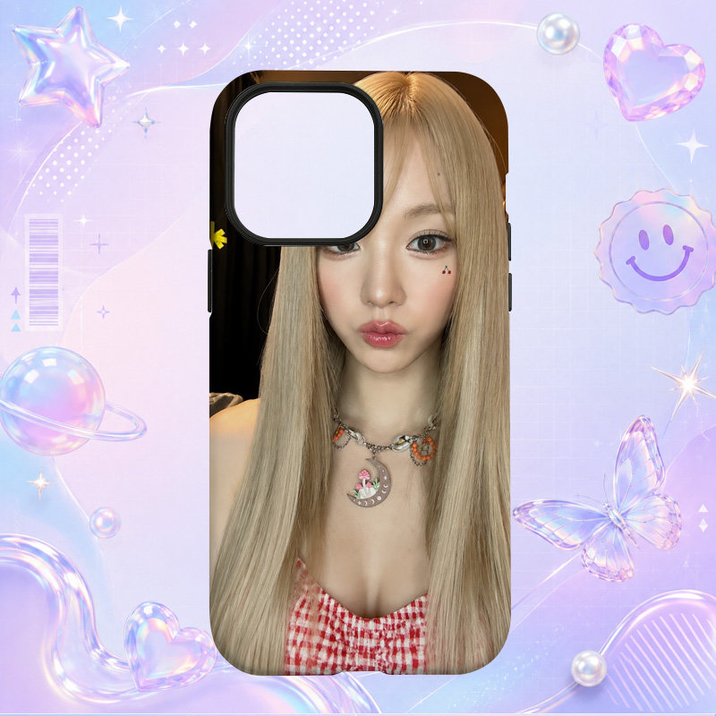 时尚金发女性粉色格纹上衣人像适用于苹果三星华为小米手机壳防摔保护套镜头全包