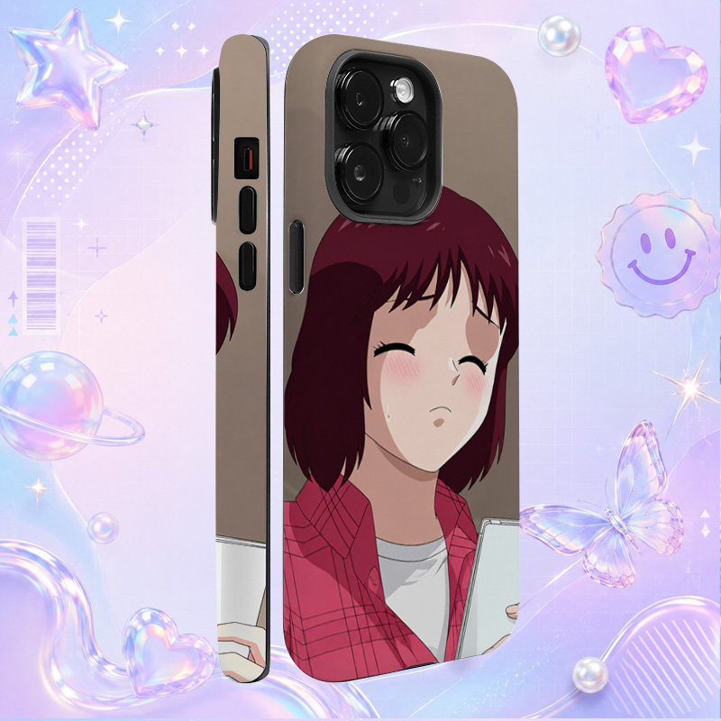 复古日系红发微笑动漫少女插画适用于苹果三星华为小米手机壳防摔保护套镜头全包