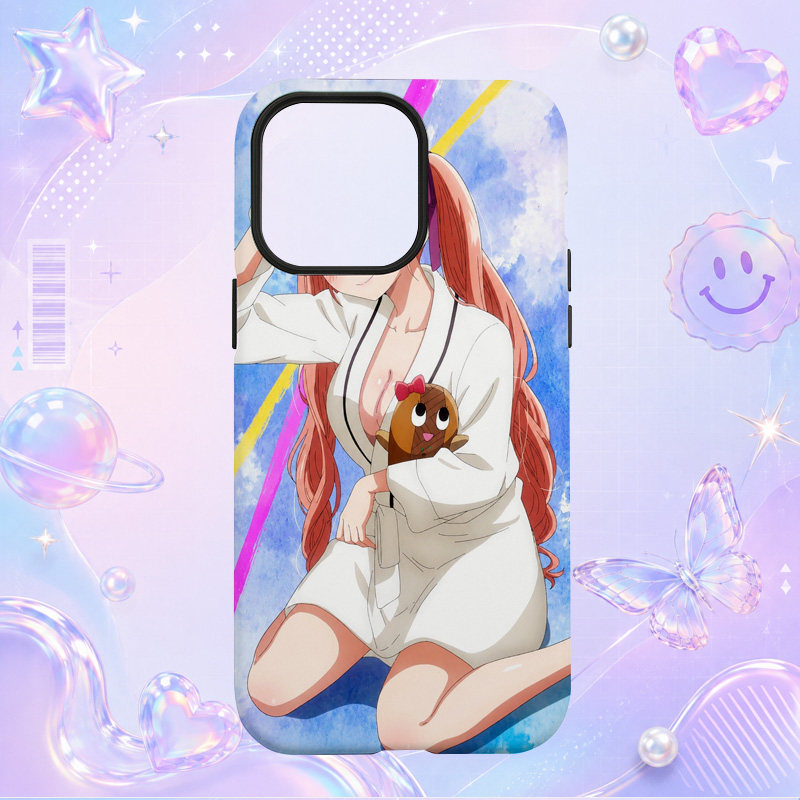 甜美动漫橙发少女玩偶居家插画适用于苹果三星华为小米手机壳防摔保护套镜头全包