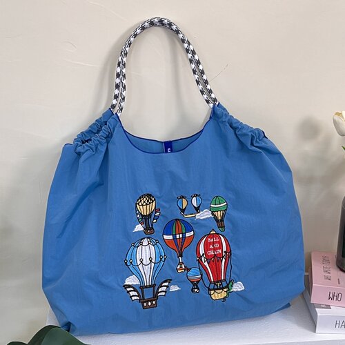 4月新款日系ball chain刺绣购物袋小众尼龙手提包环保袋布袋刺绣