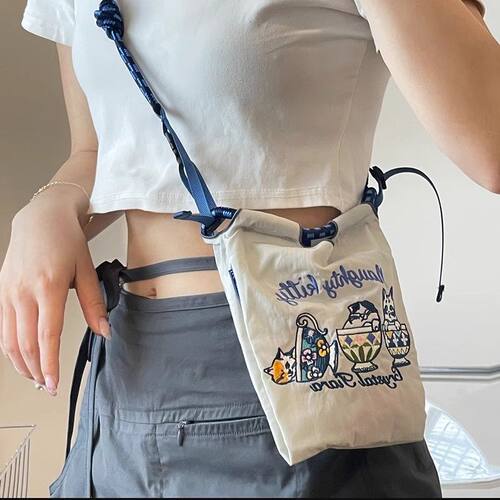 新款刺绣高品质ball chain环保购物袋尼龙布刺绣花小号购物袋