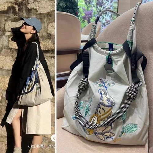 新款100%尼龙高品质ball chain高圆圆同款花草刺绣环保袋包购物袋