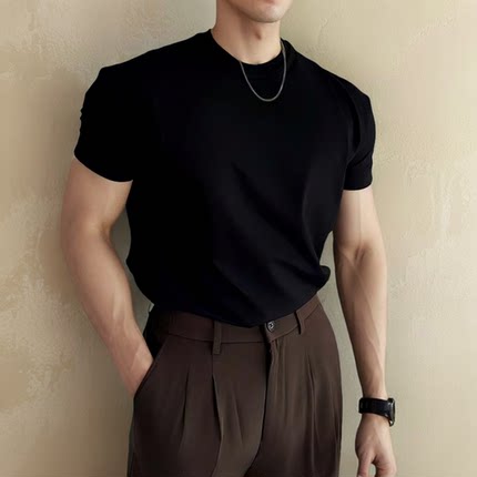 夏季修身短袖男生圆领上衣服美式高街痞帅健身休闲T恤显肌肉打底
